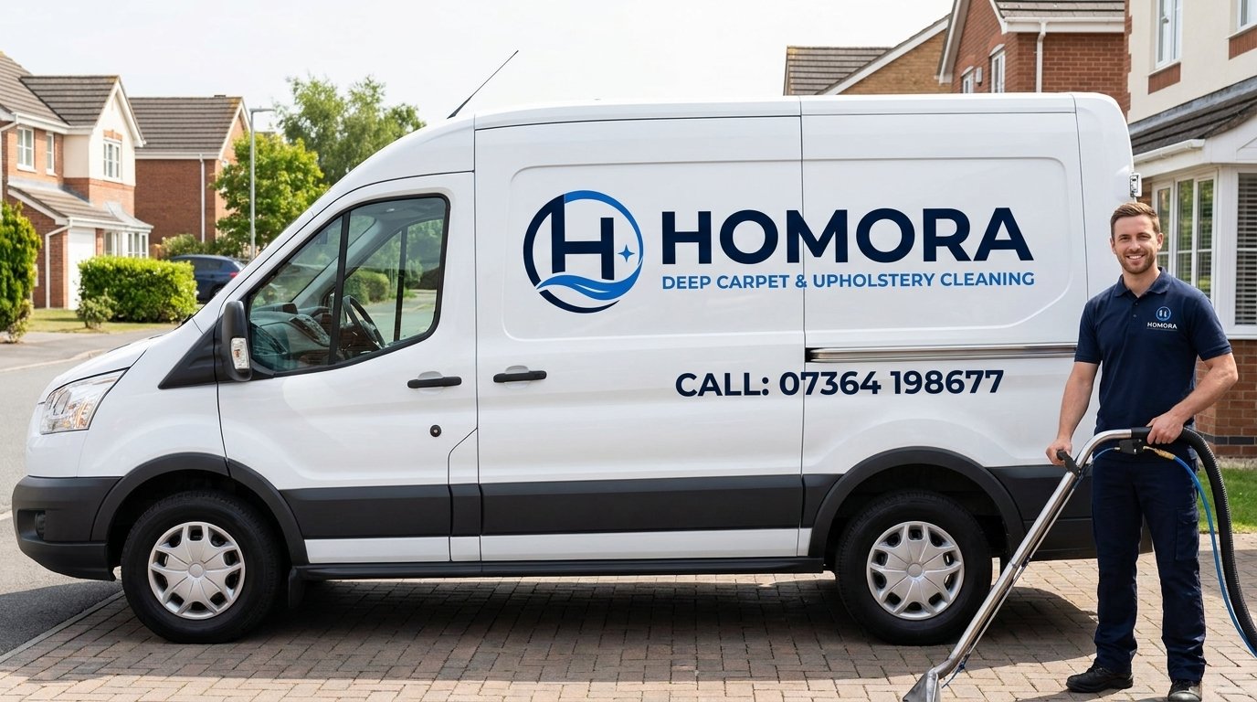 Homora Deep Carpet & Upholstery Cleaning branded van with technician